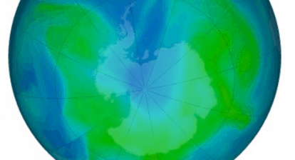 False-color view of total ozone over the Antarctic pole. The purple and blue colors are where there is the least ozone, and the yellows and reds are where there is more ozone. Feb 2021