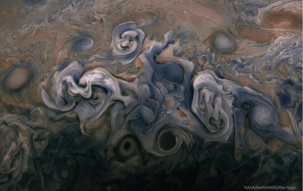 Roses on Jupiter a image from February 17 2020 processed by citizen scientist Rita Najm shows Jupiter from an altitude of about 7900 miles 12700 kilometers above the planets cloud tops NASA JPL Caltech SWRI MSSS