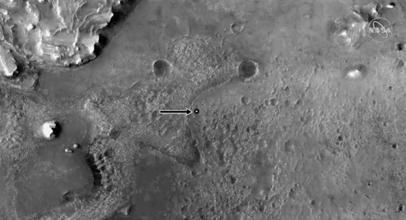 The location where Perserverance rover landed on Mars, with arrow pointing to exact site.