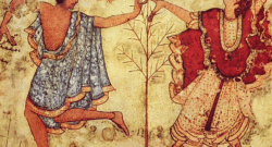 Etruscan clothing on Dancers from the walls of the Etruscan Tomb of the Triclinium, Tarquinia, central Italy. c. 470 BCE by The Yorck Project