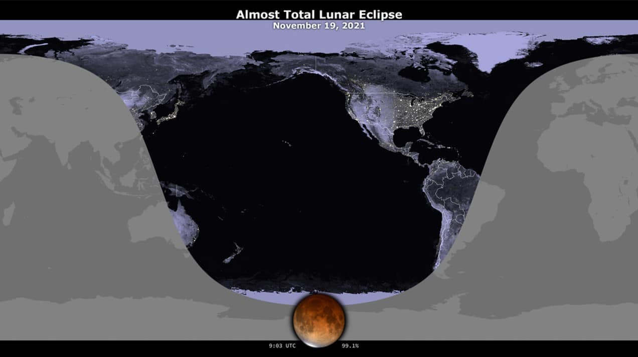 A world map showing where the eclipse is visible at the time of greatest eclipse. Earlier parts of the eclipse are visible farther east, while later times are visible farther west Credit NASA's Scientific Visualization Studio