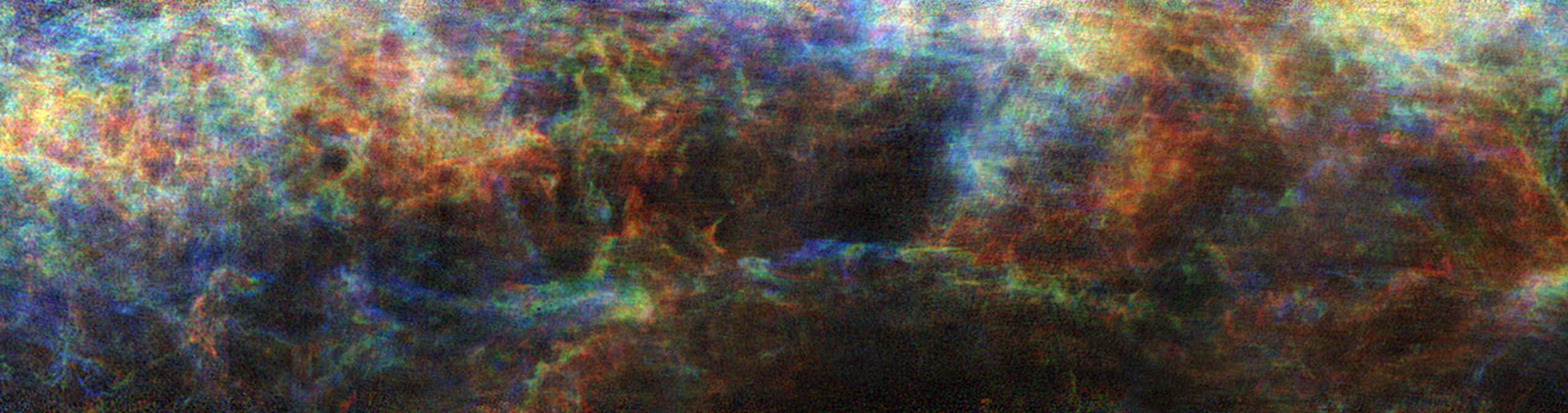 The longest structure in the Milky Way, The “Maggie” filament is visible in the lower area. In addition to the distribution of atomic hydrogen, the colours indicate different velocity ranges of the gas. Posted by 360onhistory.com