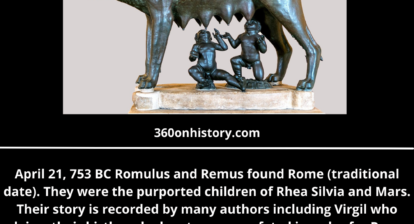 The Story of Founding of Rome on April 21, 753 BC. The image shows Romulus and Remus being suckled by a she-wold as infants.