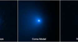 This sequence shows how the nucleus of Comet C/2014 UN271 (Bernardinelli-Bernstein) was isolated from a vast shell of dust and gas surrounding the solid icy nucleus. On the left is a photo of the comet taken by the NASA Hubble Space Telescope's Wide Field Camera 3 on January 8, 2022. A model of the coma (middle panel) was obtained by means of fitting the surface brightness profile assembled from the observed image on the left. This allowed for the coma to be subtracted, unveiling the point-like glow from the nucleus. Combined with radio telescope data, astronomers arrived at a precise measurement of the nucleus size. That's no small feat from something about 2 billion miles away. Though the nucleus is estimated to be as large as 85 miles across, it is so far away it cannot be resolved by Hubble. Its size is derived from its reflectivity as measured by Hubble. The nucleus is estimated to be as black as charcoal. The nucleus area is gleaned from radio observations. Credits: NASA, ESA, Man-To Hui (Macau University of Science and Technology), David Jewitt (UCLA); Image processing: Alyssa Pagan (STScI)