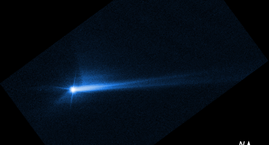 This imagery from NASA’s Hubble Space Telescope from Oct. 8, 2022, shows the debris blasted from the surface of Dimorphos 285 hours after the asteroid was intentionally impacted by NASA’s DART spacecraft on Sept. 26. The shape of that tail has changed over time. Scientists are continuing to study this material and how it moves in space, in order to better understand the asteroid. Credits: NASA/ESA/STScI/Hubble