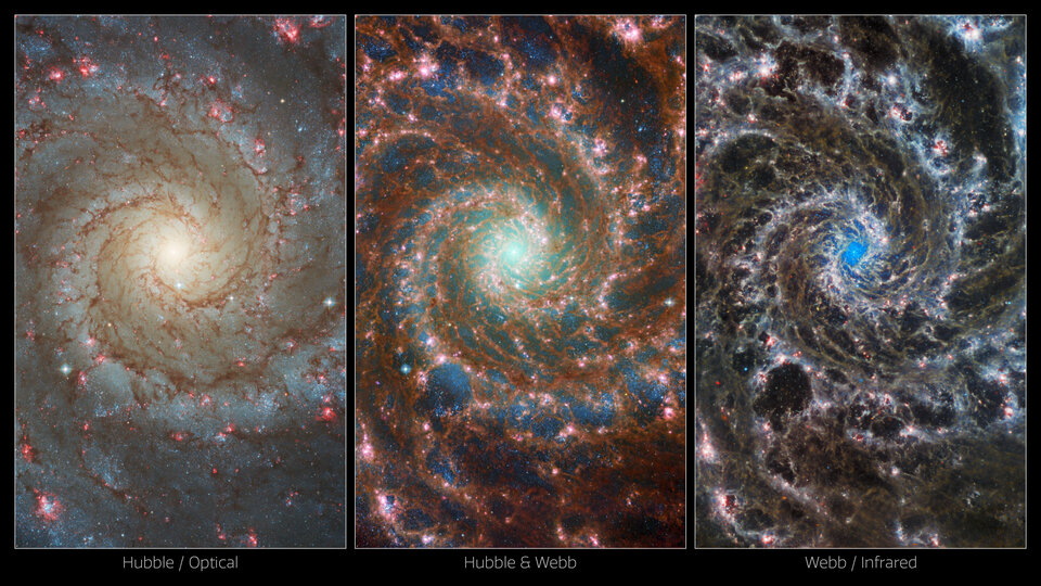 Multi-observatory views of M74 by Hubble Space Telescope (optical) and James Webb Space Telescope (infrared)