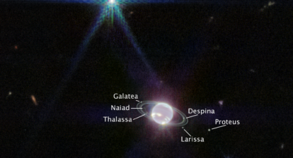 What do we see in Webb's latest image of the ice giant Neptune? Webb captured seven of Neptune’s 14 known moons: Galatea, Naiad, Thalassa, Despina, Proteus, Larissa, and Triton. Neptune’s large and unusual moon, Triton, dominates this Webb portrait of Neptune as a very bright point of light sporting the signature diffraction spikes seen in many of Webb’s images. Credits: NASA, ESA, CSA, STScI
