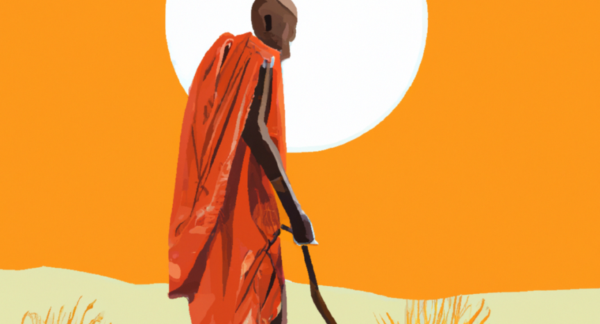 AI generated image of human walking across African savannah with a stick in right hand. There is a round white sun in the background against an orange sky