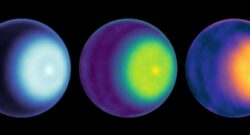 NASA scientists have made the first observation of a polar cyclone on Uranus. Using radio antenna dishes of the Very Large Array in New Mexico, they were able to peer below the methane clouds and determine there is circulating air at the planet's north pole that is warm and dry. These images were generated using the microwave observations – from left, in wavelength bands K, Ka, and Q. The average brightness was removed to enhance the contrast, and three different color maps were used to highlight various features. The cyclone is visible at the north pole, seen as a light-colored dot right of center in each image of Uranus. The observations used to generate these images were made in October 2021.