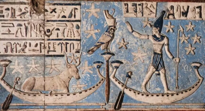 Sopdet and Sahu (Sirius and Orion) shown in the left and right-hand boats, respectively, from the East Osiris Chapel on the roof of the temple in Dendera. (Sarah Symons)