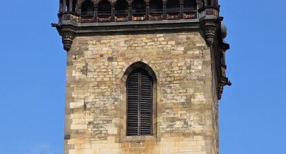 The tower of the New Town Hall in Prague from where the first defenestration of Prague took place.