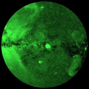 Green Channel. This image show half of the X-ray sky, projected onto a circle (so-called Zenit Equal Area projection) with the centre of the Milky Way on the left and the galactic plane running horizontally. Photons have been colour-coded according to their energy (red for energies 0.3-0.6 keV, green for 0.6-1 keV, blue for 1-2.3 keV). © MPE, J. Sanders for the eROSITA consortium