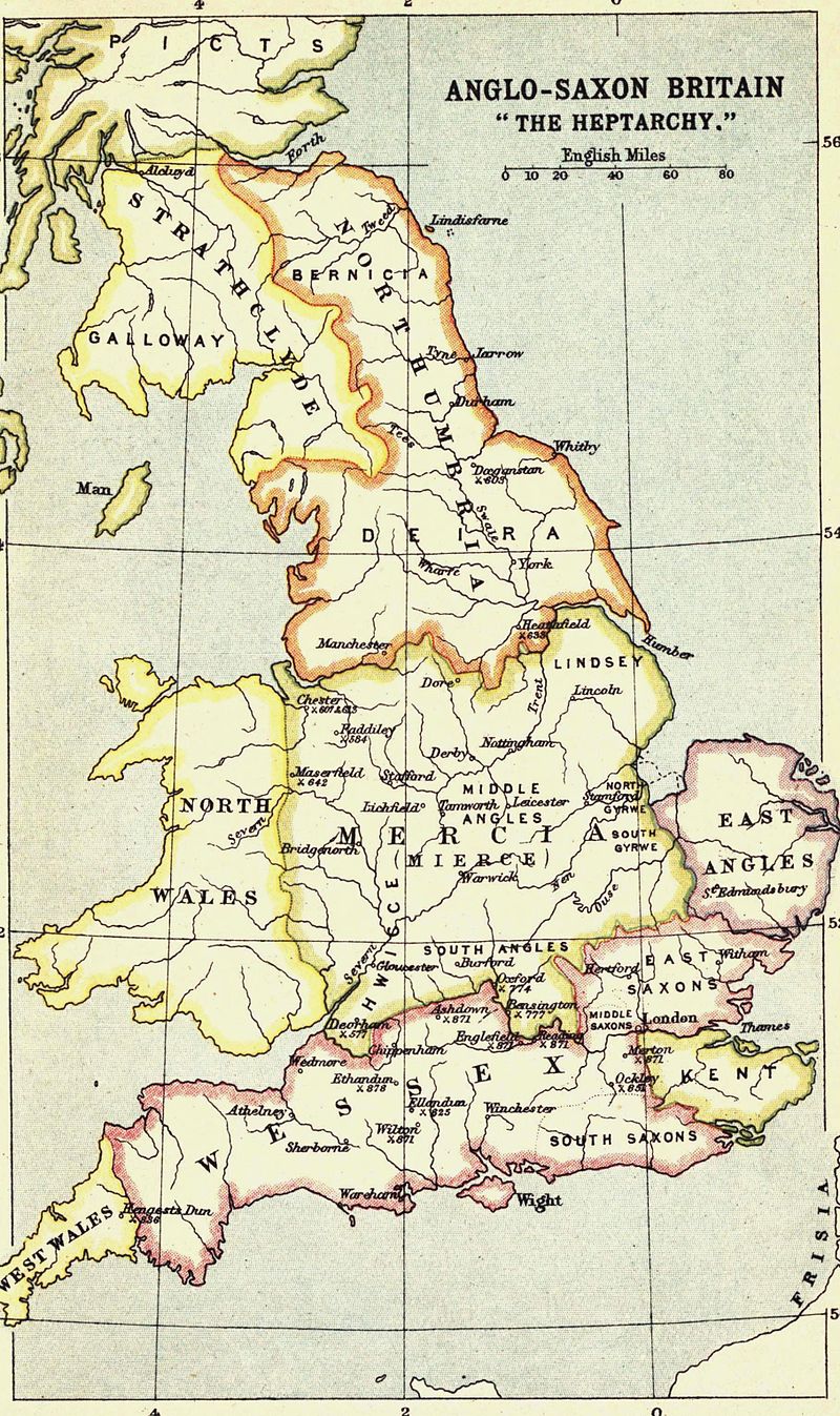 The penultimate set of Anglo-Saxon kingdoms was fivefold. The map annotates the names of the peoples of Essex and Sussex taken into the Kingdom of Wessex, which later took in the Kingdom of Kent and became the senior dynasty, and the outlier kingdoms. From Bartholomew's A literary & historical atlas of Europe