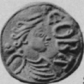 Portrait penny of Cynethryth, minted by Eoba at Canterbury. Cynethryth is the only Anglo-Saxon queen known to have had coins issued in her name and these are unique in Western Europe of the period. Coin held by the British Museum.