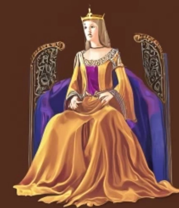 Craiyon generated image of a women who seems like a queen, wearing a crown sitting on a purple throne