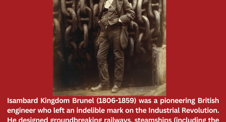 Isambard Kingdom Brunel Standing Before the Launching Chains of the Great Eastern, photograph by Robert Howlett. Now in the collection of the Metropolitan Museum of Art. Text below says: Isambard Kingdom Brunel (1806-1859) was a pioneering British engineer who left an indelible mark on the Industrial Revolution. He designed groundbreaking railways, steamships, bridges, and tunnels that transformed transportation and engineering in 19th-century England. Brunel is widely regarded as one of the most influential and innovative figures of the era.