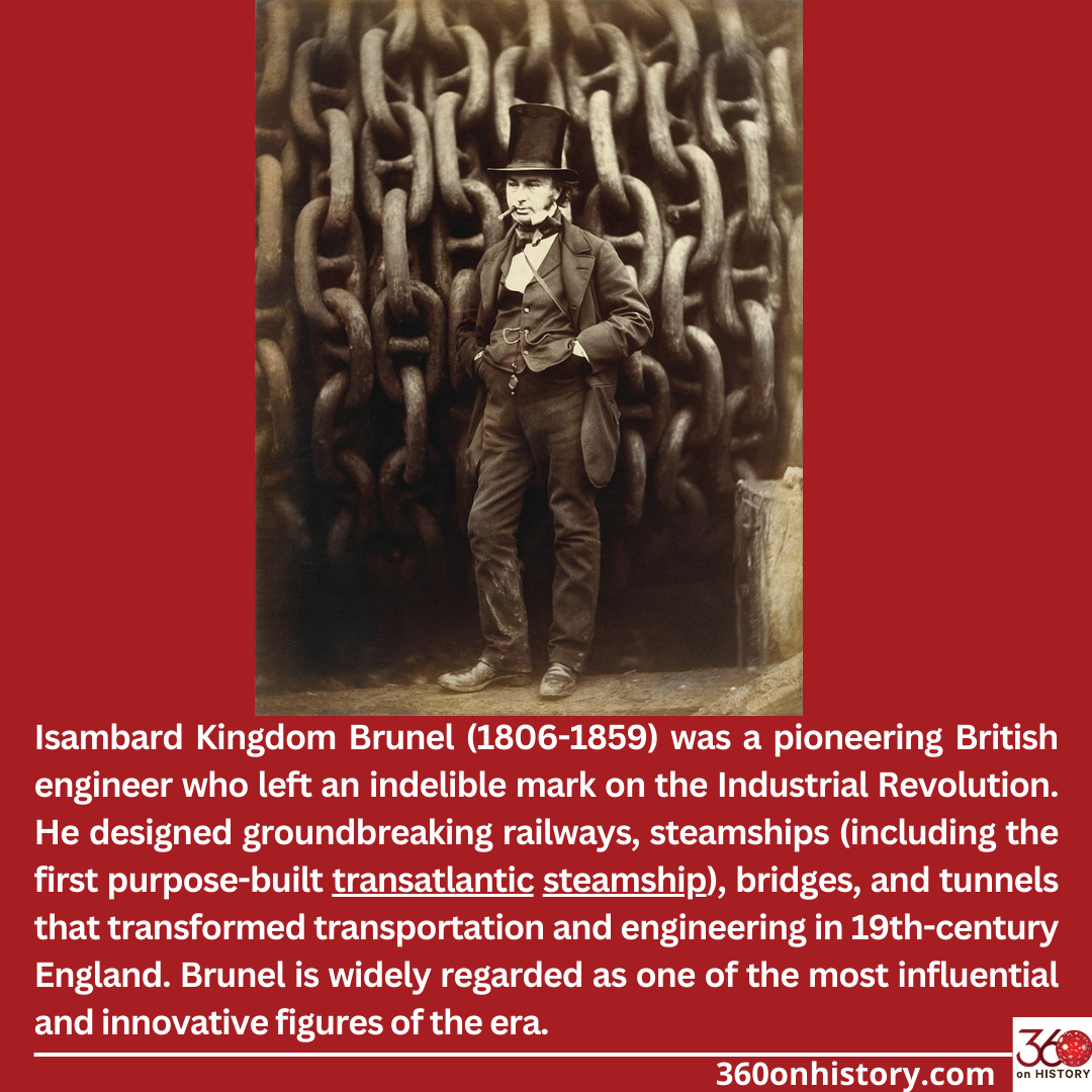 Isambard Kingdom Brunel Standing Before the Launching Chains of the Great Eastern, photograph by Robert Howlett. Now in the collection of the Metropolitan Museum of Art. Text below says: Isambard Kingdom Brunel (1806-1859) was a pioneering British engineer who left an indelible mark on the Industrial Revolution. He designed groundbreaking railways, steamships, bridges, and tunnels that transformed transportation and engineering in 19th-century England. Brunel is widely regarded as one of the most influential and innovative figures of the era.