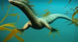 AI Image of an ancient looking reptilian animal swimming in water