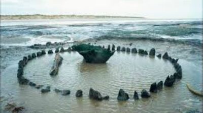 Timber enclosure with central inverted oak stump known as Sea henge, found in Norfolk.