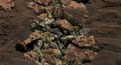 NASA's Curiosity Mars rover viewed these yellow crystals of elemental sulfur using its Mast Camera, or Mastcam, on June 7, 2024, the 4,208th Martian day, or sol, of the mission. The discovery marks the first time this mineral has ever been found in a pure form on Mars.