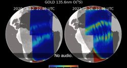 This visualization shows C-shaped and reverse-C-shaped plasma bubbles appearing close together in the ionosphere on Oct. 12, 2020, and Dec. 26, 2021, as observed by NASA’s GOLD mission (Image credit: NASA’s Scientific Visualization Studio)