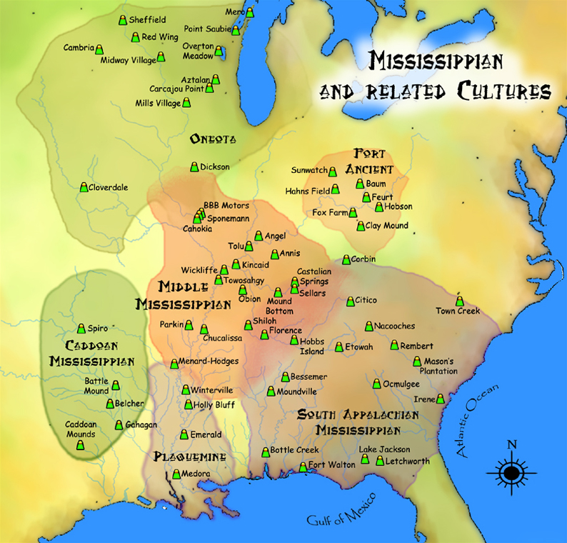 A map showing approximate areas of various Mississippian and related cultures. Cahokia is located near the center of this map in the upper part of the Middle Mississippi area.