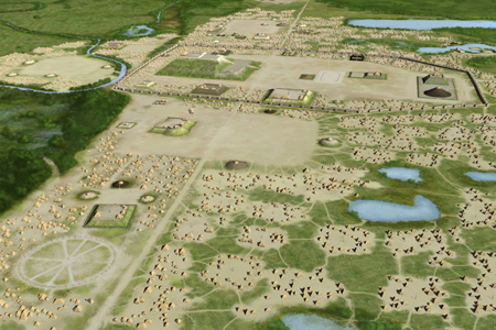 Artist's recreation of central Cahokia. Cahokia's east–west baseline transects the Woodhenge, Monk's Mound, and several other large mounds.