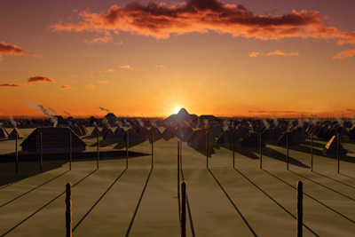 Cahokia winter solstice sunrise over Fox Mound and the Cahokia Woodhenge ca. 1000 AD. Artist's concept.