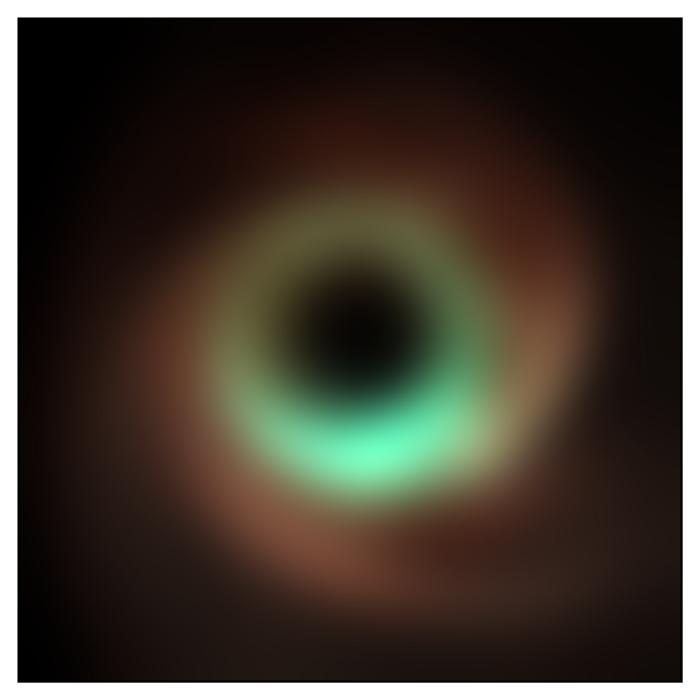 This composite simulated image shows how M87* is seen by the Event Horizon Telescope at 86 GHz (red), 230 GHz (green), and 345 GHz (blue). The higher the frequency, the sharper the image becomes, revealing structure, size, and shape that was previously less discernible.