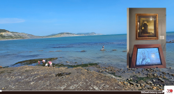 Mary Anning portrait inset and a view of the Jurassic Coast, Lyme Regis, Dorset, England