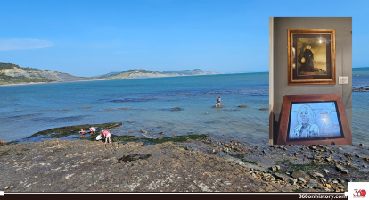 Mary Anning portrait inset and a view of the Jurassic Coast, Lyme Regis, Dorset, England