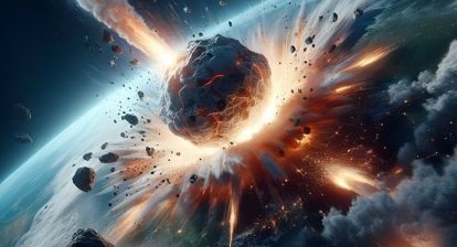 AI generated image of a giant asteroid hitting Earth