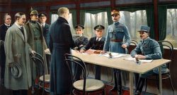 Painting depicting the signature of the armistice in the railway carriage. Behind the table, from right to left, General Weygand, Marshal Foch (standing) and British Admiral Rosslyn Wemyss and fourth from the left, British Naval Captain Jack Marriott. In the foreground, Matthias Erzberger, Major General Detlof von Winterfeldt (with helmet), Alfred von Oberndorff and Ernst Vanselow.