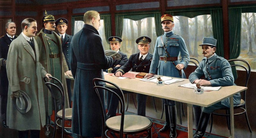 Painting depicting the signature of the armistice in the railway carriage. Behind the table, from right to left, General Weygand, Marshal Foch (standing) and British Admiral Rosslyn Wemyss and fourth from the left, British Naval Captain Jack Marriott. In the foreground, Matthias Erzberger, Major General Detlof von Winterfeldt (with helmet), Alfred von Oberndorff and Ernst Vanselow.