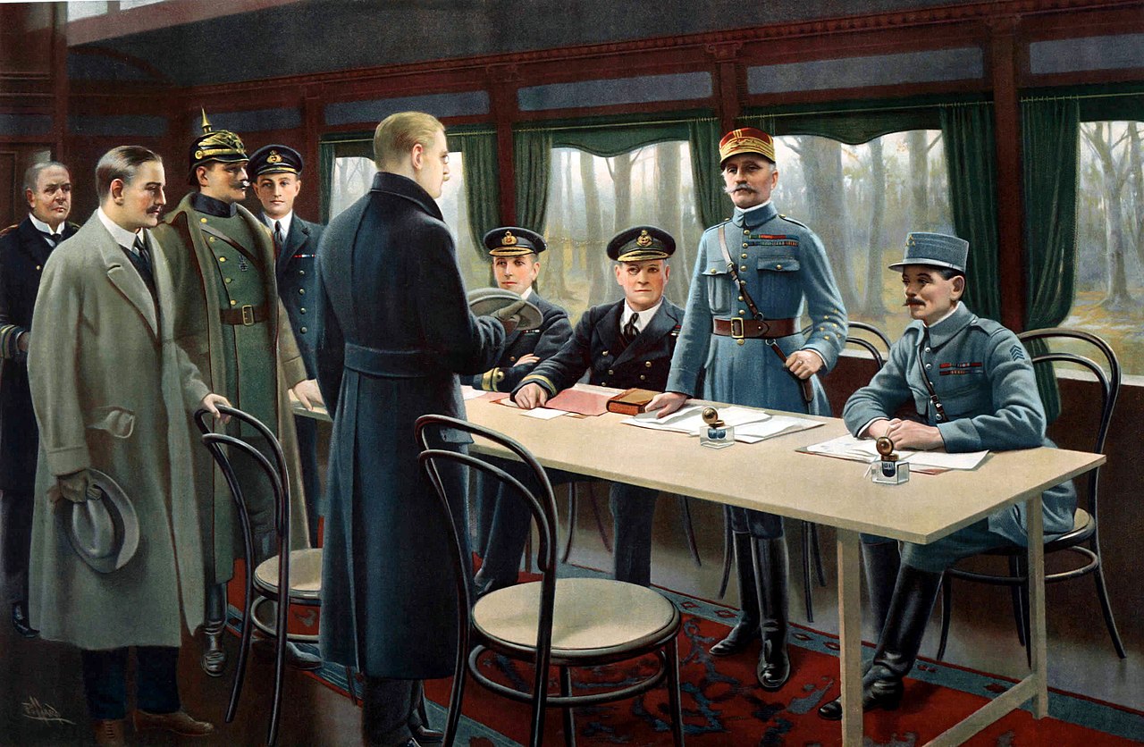 Painting depicting the signature of the armistice in the railway carriage. Behind the table, from right to left, General Weygand, Marshal Foch (standing) and British Admiral Rosslyn Wemyss and fourth from the left, British Naval Captain Jack Marriott. In the foreground, Matthias Erzberger, Major General Detlof von Winterfeldt (with helmet), Alfred von Oberndorff and Ernst Vanselow.